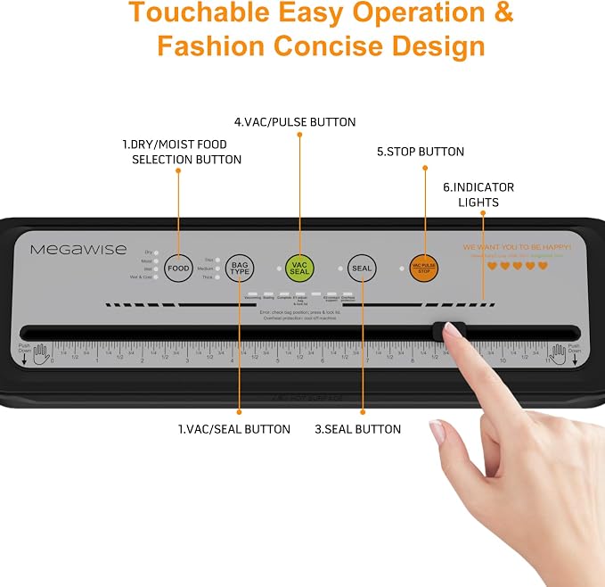 Updated Vacuum Sealer Machine 2025, MEGAWISE Food Sealer w/Starter Kit, Dry & Moist Food Modes, Compact Design with 10 Vacuum Bags & Built-in Cutter (Grey)