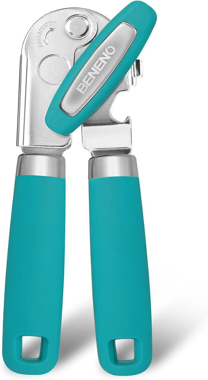 Beneno Heavy Duty Hand Can Opener Manual with Magnet Lid Remover, Turquoise | Razor-Sharp Carbon Steel Blade, Precise Smooth Cutting Gear, Big Effort-Saving Knob, Soft Grip Handle, Built-in Bottle Opener