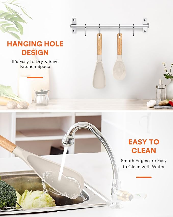 Cooking Spoon and Rice Scooper for Nonstick Cookware,Multi-function | Great for Cooking and Serving, Sturdy BPA-Free Matte Silicone, Wood Handle Spoon for Mixing, Scoop, and Scrape,9.3"+14.3"