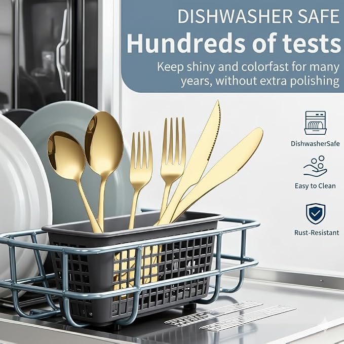 GPY 48-Piece Gold Silverware Set with Steak Knives, Flatware Set for 8 | 18/0 Stainless Steel Forks Spoons and Knives Flatware Set with Mirror Polish, Dishwasher Safe for Home Kitchen & Restaurant