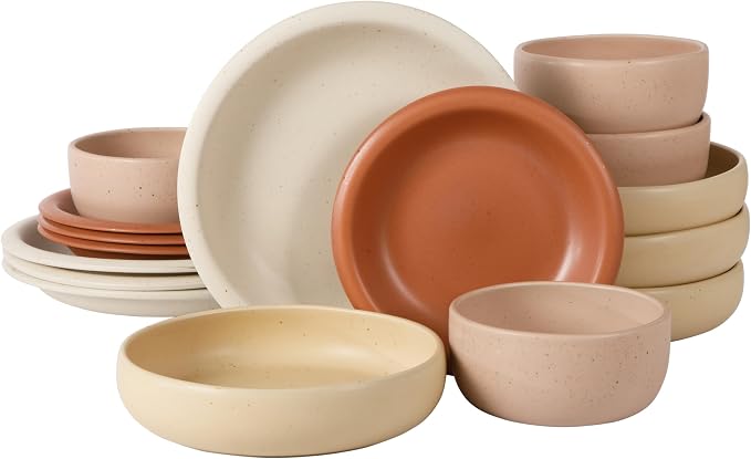 Corsica Clay Dinnerware Set - Stackable Colorful Boho Reactive Glaze Plates and Bowls Set -2 Time Oprah's Favorite Things Brand- 16 Piece (Service for 4)- Matte Assorted Pottery Colors