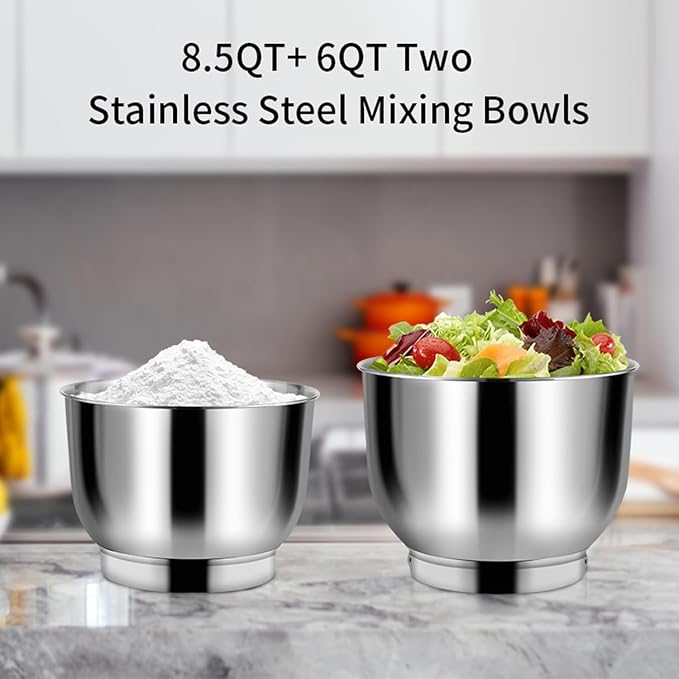 Stand Mixer, 8.5QT+ 6QT Two Stainless Steel Bowls Electric Food Mixer Black | 7 in 1 Multifunctional Kitchen Mixer with Dough Hook, Whisk, Beater, Meat Grinder,Pasta & Cookie Maker