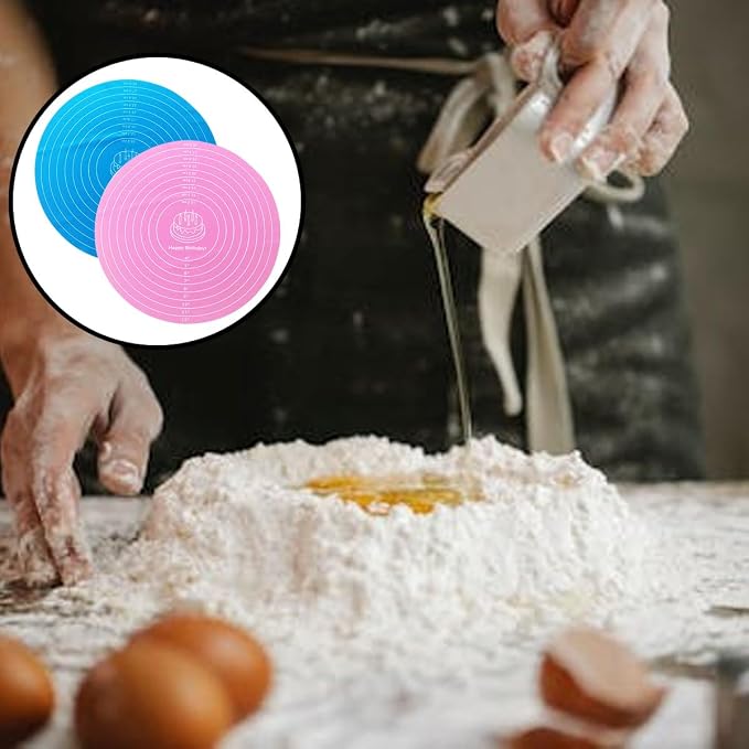 2 Pcs 12 Inch Silicone cake mats, Cake turntable mat | Blue and Pink Silicone Baking Pad, Round Cake Decorating Mat for Rotating Stand, Washable Pastry Sheet for Bread Pizza Dough