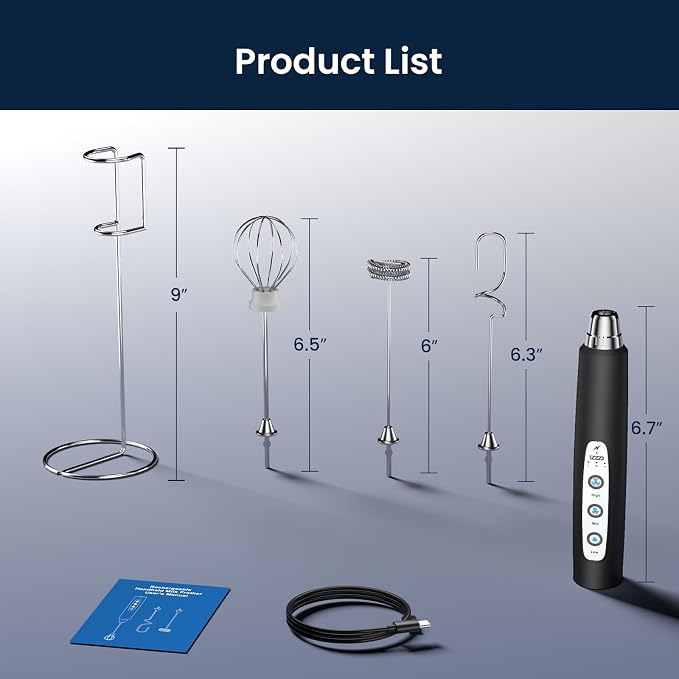Milk Frother Wand Rechargeable Handheld Electric Whisk 3 Speed Adjustable | Coffee Frother Wand with 3 Stainless Whisks Electric Foam Maker Drink Mixer Blender for Latte Cappuccino Matcha Egg