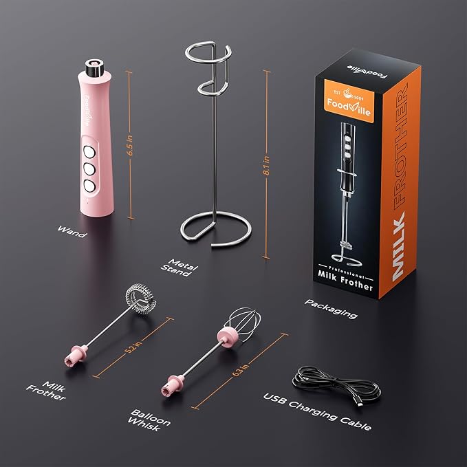 MF02 Rechargeable Milk Frother Handheld Foam Maker with Stainless Whisk for Cappuccino, Latte, Bulletproof Coffee, Keto Diet, Protein Powder, Matcha (Coral Pink)