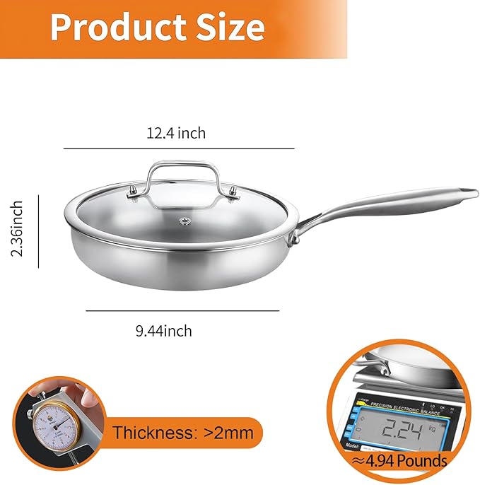 DELARLO Tri-Ply Stainless Steel Pan,18/10, 12"+Lids | Nontoxic Durable Oven Safe 800℉ All Cooktops Compatible Fast Even Heat PFOA Free Large Frying Pan Nontoxic Cookware