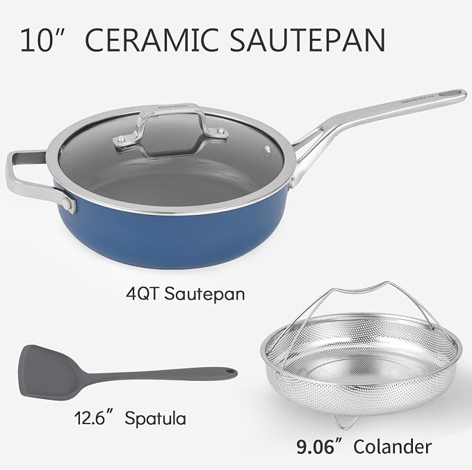 10-in-1 Blue Ceramic Nonstick Deep Saute Pan Set With Steamer & Lid, 4QT | PFAS-free frying pan.non-toxic. Induction ready. Oven safe to 480°F. Cool-touch handle. Dishwasher safe. Perfect for RVs!