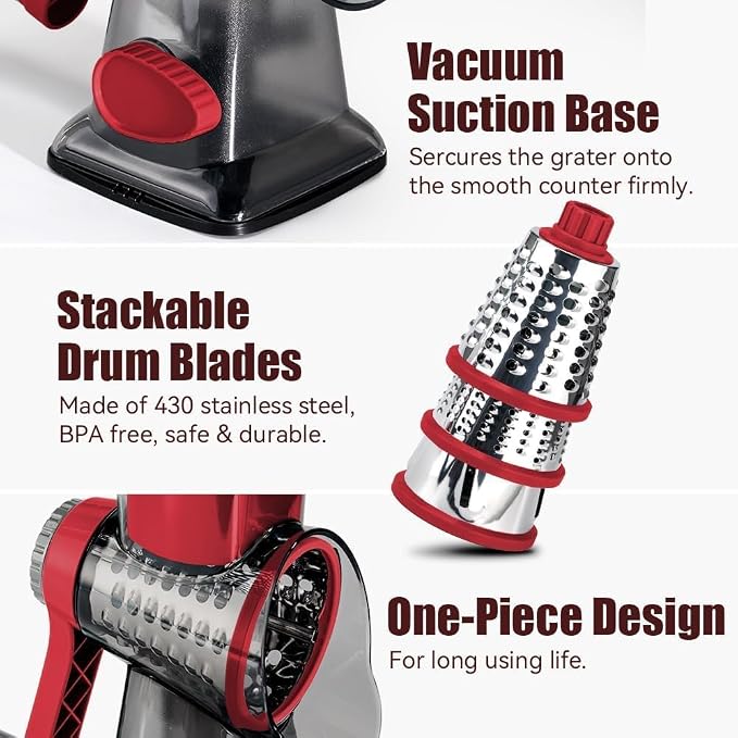 Rotary Cheese Grater Pro 6 in 1 - Shredder Crinkle Slicer Grinder Ice Shaver, Stable Suction, Time-saving Easy Use & Clean, Safe Morden Kitchen Tool for Cheese, Vegetable, Nuts, Chocolate