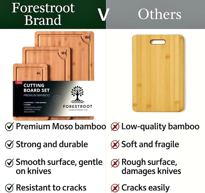 Bamboo Cutting Board for Kitchen, 3-Piece Carbonized Bamboo Chopping Board with Juice Groove, Side Handles, Bamboo Butcher Block Board for Meat, Vegetables & Fruits