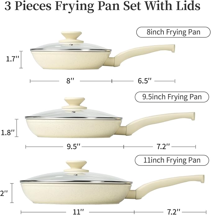 Innerwell Nonstick Ceramic Frying Pans Skillets Set with Lid 8"+9.5"+11" | No Toxic Egg Omelette Frying Pan Set, All Stove Compatible, Healthy Granite Induction Cooking Pan, PFOA & PFAS Free