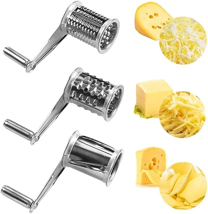 Rotary Cheese Grater, Hand Crank Cheese Grater Stainless Steel Cheese Cutter Slicer Cheese Shredder with 3 Drum Blades Cheese Shredder Handheld for Kitchen