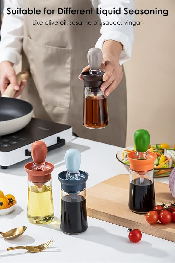 Oil Dispenser with Brush - 2 Pack Olive Oil Dispenser, 2 IN 1 Oil Dispensing Bottle with Basting Brush for Cooking Frying Baking Kitchen, T-OB21 Grey+Green