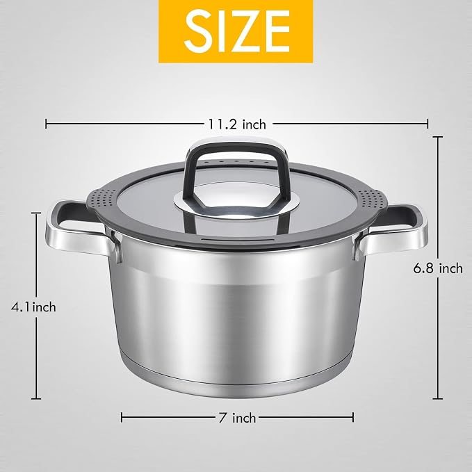 MARSKITOP 3 Quart Stock Pot with Lid, 18/8 Stainless Steel Pasta Pot | Strainer Lid, Cool-Touch Handle, Compatible with All Cooktops, Dishwasher Safe