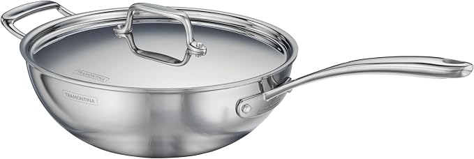 Tramontina Utsava Tri-Ply Clad Stainless Steel 3.75-Quart Wok with Lid | Ceramic Non Stick Interior, Induction-Ready Cooking Pan