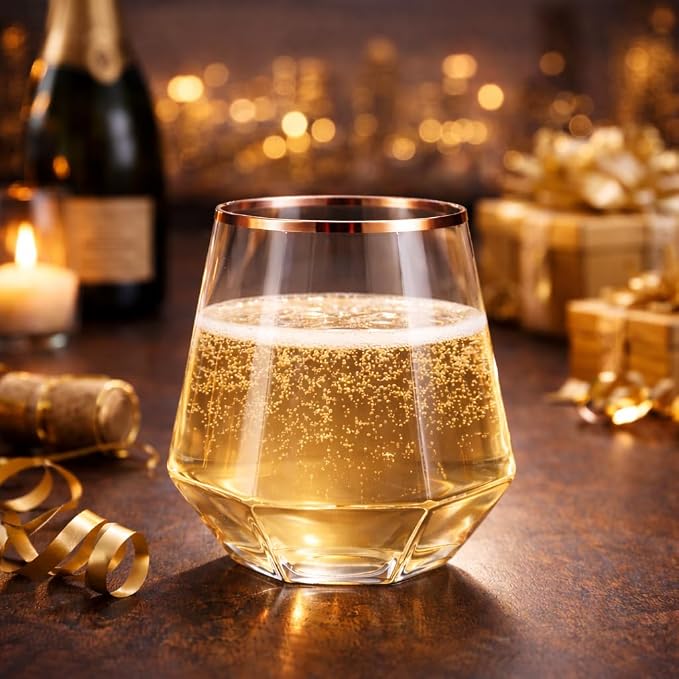 Oojami 40 Pack Disposable Wine Glasses 12 oz Diamond Stemless Plastic | Rose Gold Rim, Shatterproof Unbreakable BPA-Free Recyclable Reusable Wine Cups Wedding Parties Birthday, Champagne Cocktail