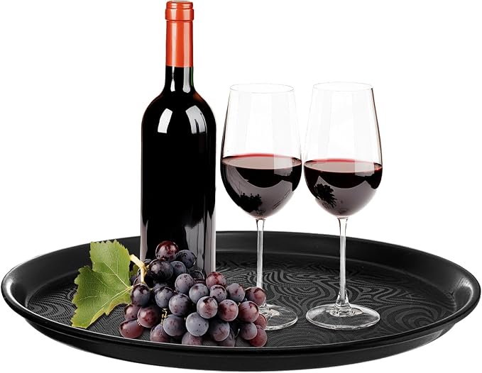Hacaroa 4 Pack Round Restaurant Serving Tray, 14 Inch Black Plastic Server Tray Non-Slip Food Serving Platter for Drinks, Bar, Cafeteria, Hotel, Coffee Table, Raised Edges