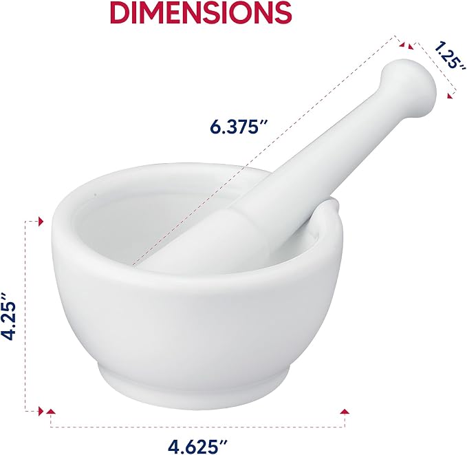 HIC Kitchen Mortar with Pour Spout and Pestle, Fine Porcelain, 4.25-Inch, Spice Herb Grinder, Pill Crusher, Nut Butter Maker