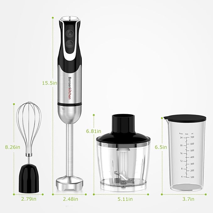 Bonsenkitchen Immersion Blender with Food Processor,12 Speeds & Turbo Mode | 4-In-1 Hand Blender with Stainless Steel Blade, Beaker & Chopper Bowl, Stick Mixer for Baby Food,Smoothies, Soups & Sauces