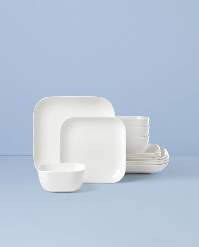 Lenox Studio 1414 Square Bone China 12-Piece Dinnerware Set for 4 | dishwasher safe | plates and bowls sets for kitchen and dining | 10.19 inch plate, dish set, dishes, chip resistant