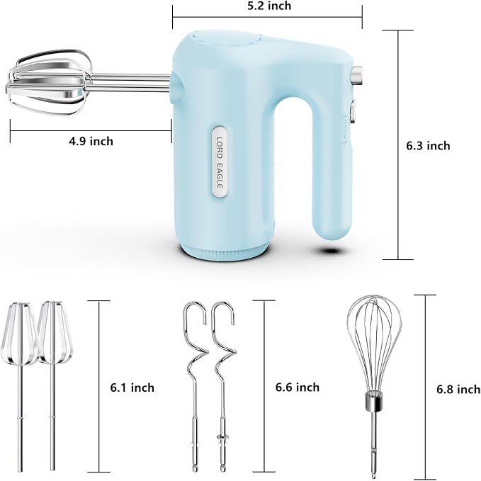 Lord Eagle 5-Speed Small Hand Mixer Electric, 300W Compact Portable, Blue | Handheld Kitchen Mixer Egg Beater with 5 Attachments & Storage Bag, Cake Supplies for Bread Dough Baking, Lightweight