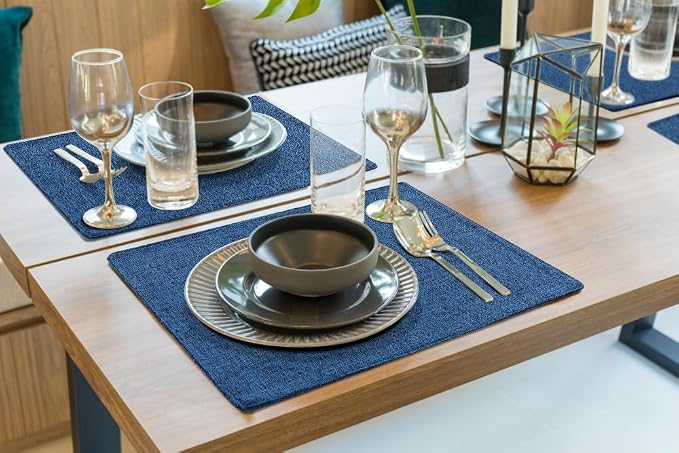 Faux Cotton Linen Placemats Set of 8, Cloth Washable Farmhouse Dining Table Mats for Indoors & Outdoors, Easy to Clean, Navy Blue, 13 x 19 Inch