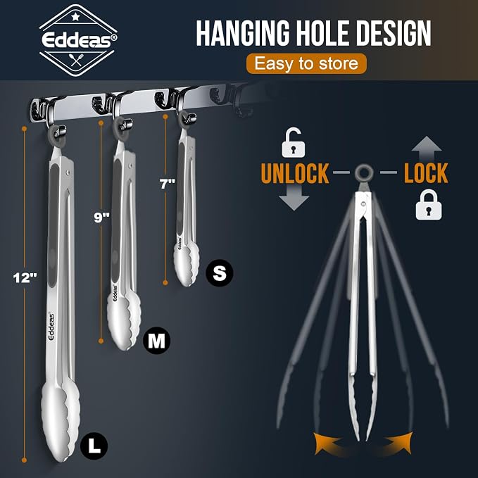 EDDEAS Tongs For Cooking - Heat Resistant 600 Degrees Stainless Steel Kitchen Tong,Heavy Duty Metal Locking Tongs - Perfect for Food, BBQ set of 3 (7",9" and 12") Grey