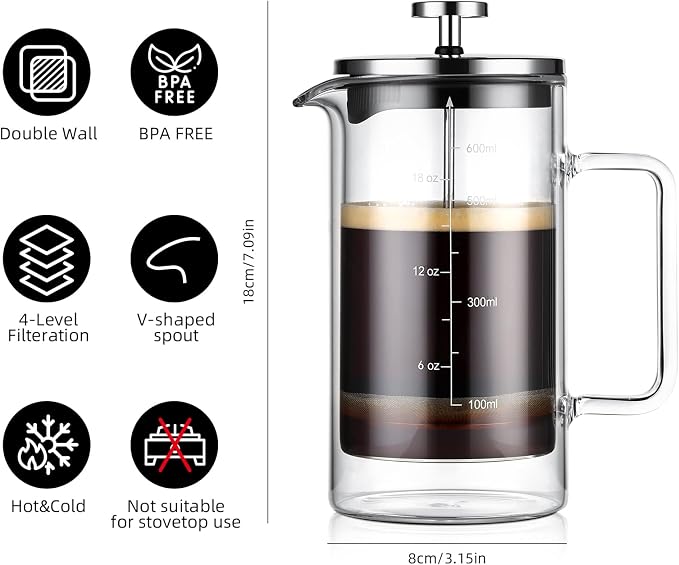Bincoo French Press Coffee Maker 600ML,Double Wall Insulated Borolicate Glass French Press for Tea and Frothed Milk Press