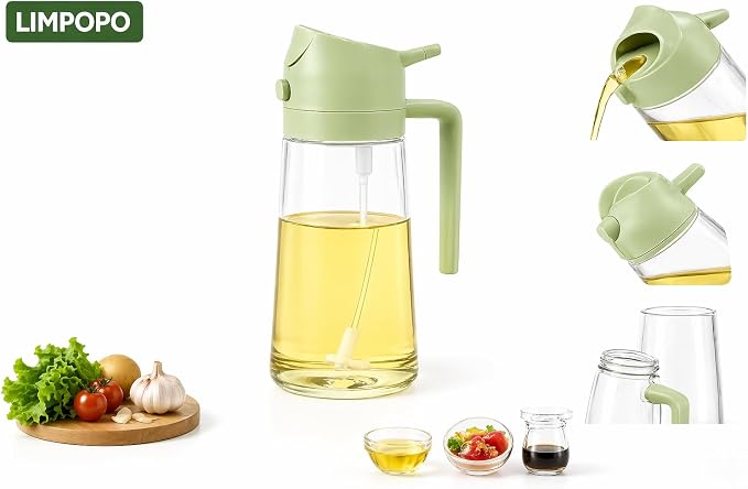 LIMPOPO Oil Sprayer for Cooking 16oz/470ml, Glass Olive Oil Dispenser Bottle, 2-in-1 Spray Mist & Stream Container for Air Fryer, Salad, BBQ, Baking & Grilling (Green)