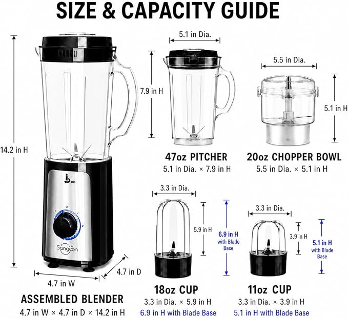 Sangcon Blenders for Kitchen, 5-in-1 Food Processor Combo for Smoothies Set | BPA-Free 47oz Pitcher, 2.5-Cup Bowl, 18/11oz Cups, 3 Blades; Housewives Prep Shakes, Meat, Sauces, Salsa, Coffee, Dry Spices