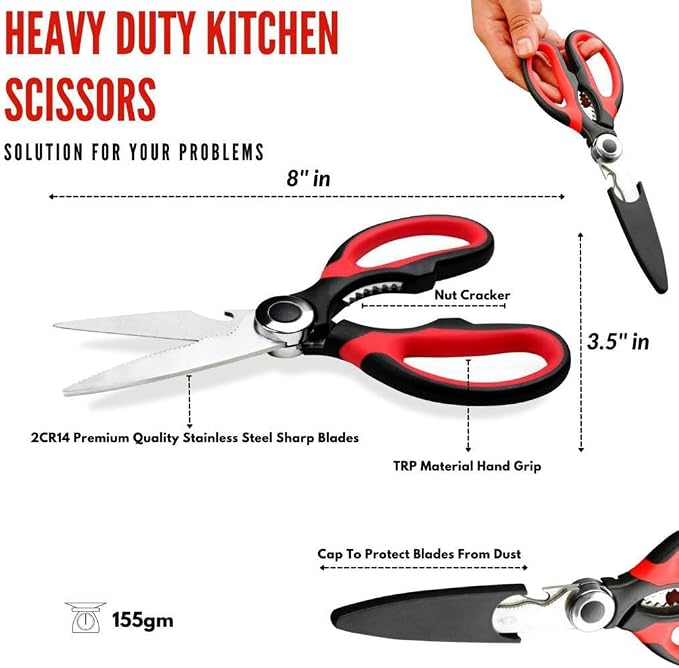 Kitchen Scissors Stainless Steel Sharp Blades with Cushioned Soft TPR Grip for Easy Handling – Heavy Duty Multipurpose Scissors for Meat, Chicken, Fish, Vegetables, & Herbs – Bottle Opener