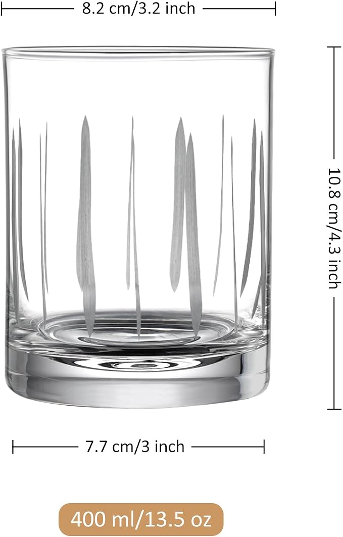 Joeyan Hand Blown Etched Whiskey Glasses,Old Fashioned Tumblers with Stripes Dots Pattern,Clear Carved Rocks Glasses,Scotch Bourbon Glassware for Party Anniversary,13.5 oz,Set of 4,Dishwasher Safe
