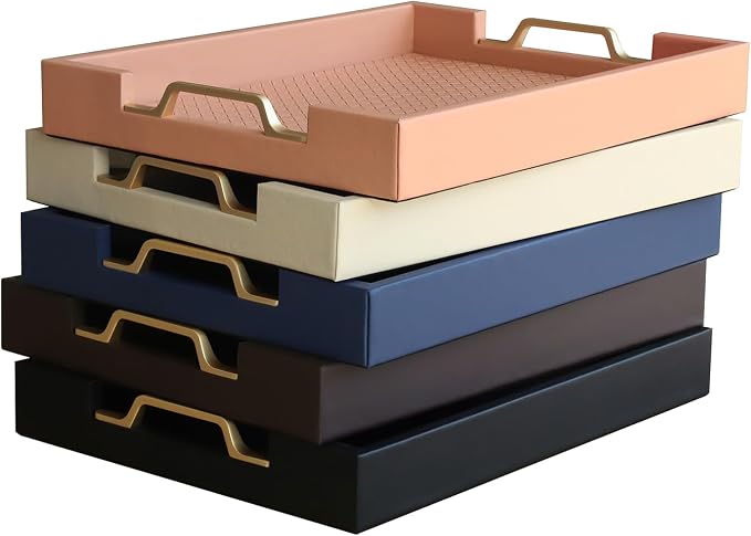 HofferRuffer Faux Leather Rectangle Serving Tray Decor Platter with Gold Metal Handles for Coffee Table, Breakfast, Tea, Food, Countertop, Kitchen, Butler Tray, 16.2 x 12.2 x 2 inches (Classic Black)