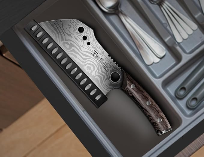 Meat Cleaver Chef Knife with Sheath, 7.7 Inch Butcher Knife | Chopping Knife with Herb Stripper, Heavy Duty Bone Cutting, Damascus Pattern Full Tang Wood Handle, Birthday Gift for Men