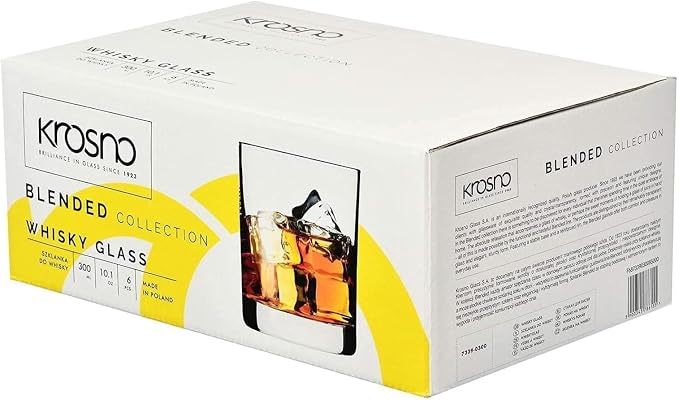 Krosno Whiskey Glasses Set of 6, 10.1 oz, Blended Collection | Drinking Tumblers, Lead-Free Crystal for Bourbon, Scotch, Cocktails, Water, Juice, Dishwasher Safe