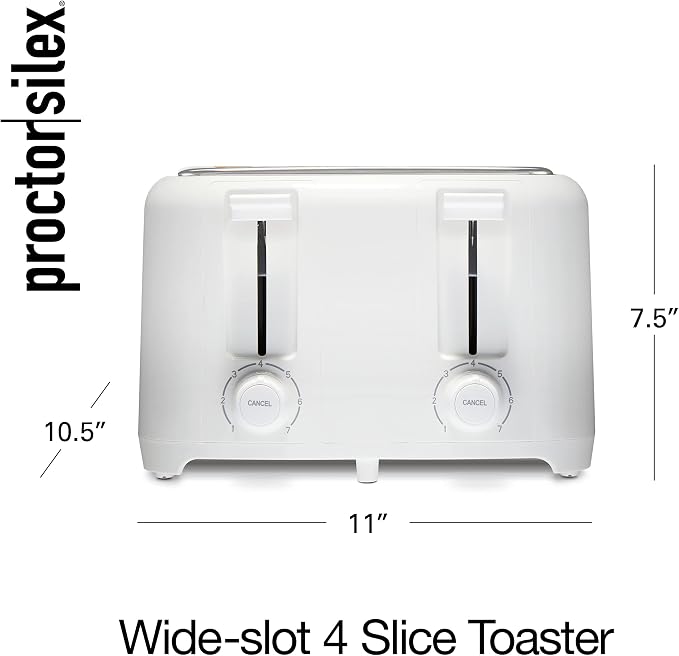 Proctor Silex 4 Slice Toaster with Extra Wide Slots For Bagels | Browning Control With 7 Shades | Auto Shutoff | Toast Boost | Slide-Out Crumb Tray | Cancel Button | White | 24214PS