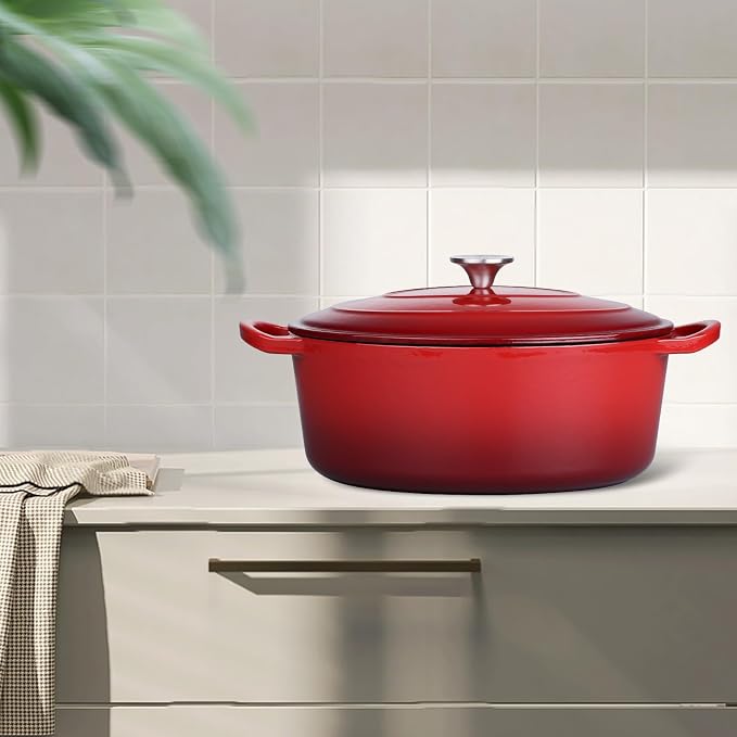 5QT Oval Dutch Oven Pot with Lid, Leonyo 5 Quart Enameled Oval Cast Iron Dutch Oven for Sourdough Bread Breaking, Heavy Duty Cookware for Braising, Stews, Roasting, Red