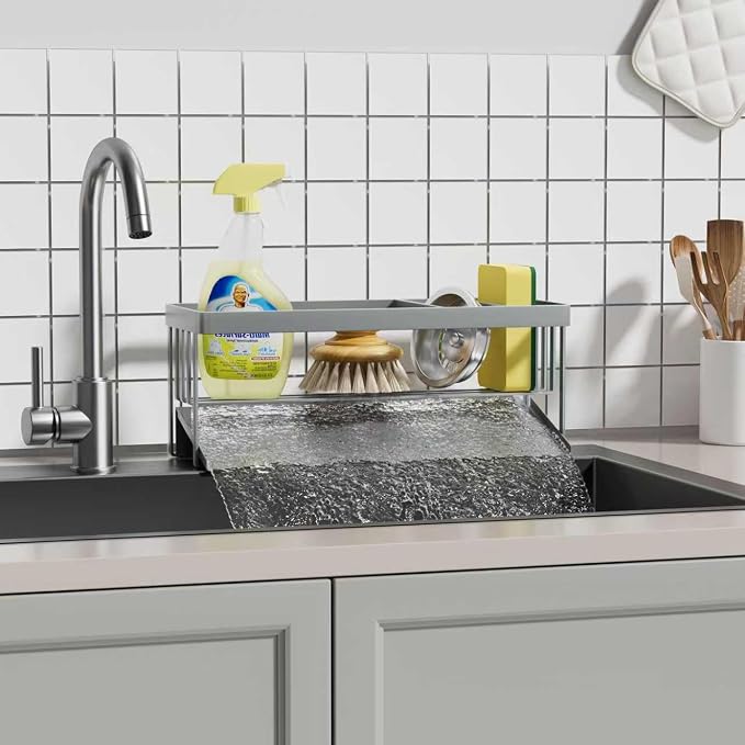 Kitchen Sink Caddy Organizer for Kitchen Countertop Organizers Silver | 304 Stainless Steel, Removable Drip Tray, Home Decor Accessories