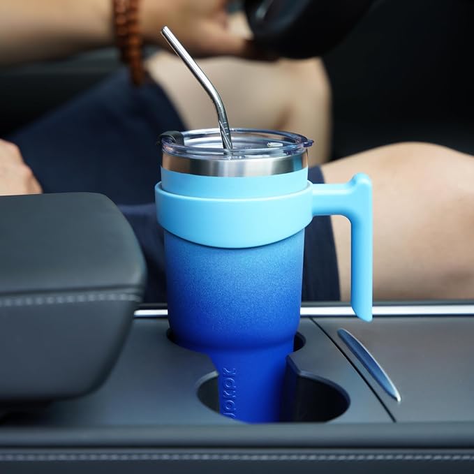 BJPKPK 20 oz Tumbler with Handle & Straw, Insulated Stainless Steel Mug | Double Wall Vacuum, Keeps Hot/Cold, Thermal Cup, BPA Free, Dishwasher Safe, Cupholder Fit, Coffee & Travel, Coral