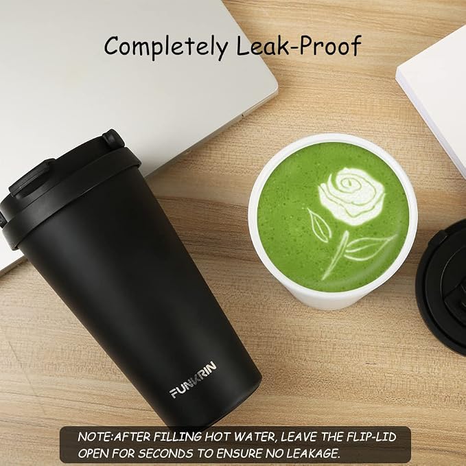 Funkrin Insulated Coffee Mug with Ceramic Coating, 16oz Iced Coffee Tumbler Cup with Flip Lid and Handle, Double Wall Vacuum Leak-Proof Travel Mug for Office School Party Camping