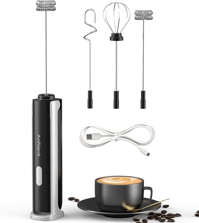 Anfilank Handheld Milk Frother Wand with Folding Stand, Rechargeable Electric Whisk with 3 Speeds & 3 Stainless Heads, Milk Foam Maker with Stand for Latte, Cappuccino, Hot Chocolate, Egg