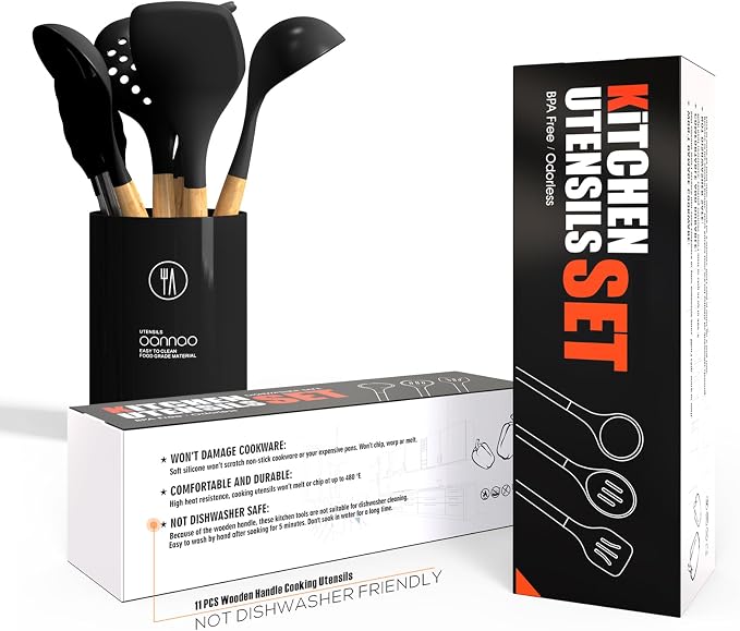 oannao Silicone Cooking Utensils Set - 446°F Heat Resistant Silicone Kitchen Utensils for Cooking,Kitchen Utensil Spatula Set w Wooden Handles, BPA FREE Gadgets for Non-Stick Cookware (Black)