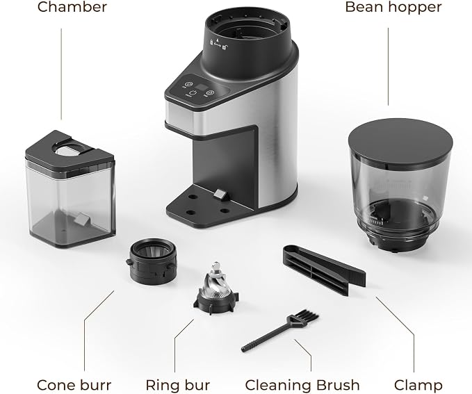 Conical Burr Coffee Grinder with 60 Settings and Touch Screen | 1-60s Timer & 1-8 Cup Dosing, Anti-Static, Removable Ring & Cone Burrs for Easy Cleaning, Low Noise for Home Use, Black