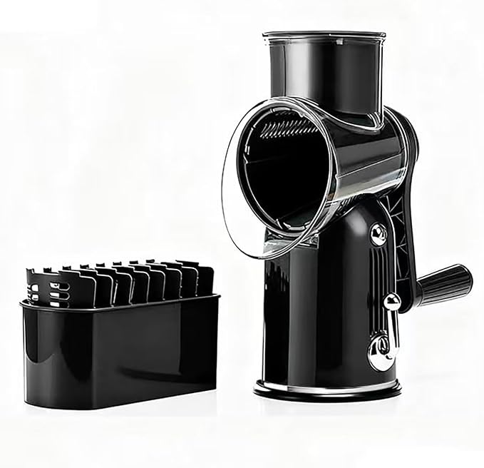Rotary Cheese Grater with Handle, Vegetable Chopper Quick Chop Blades, Compact Design for Home and Professional Kitchens Meal Prep Tool, Kitchen Gadget 5-in-1 with Blade Storage Box (Black)