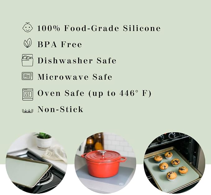 Reusable Silicone Oven Baking Mats Gift Set Bundle, 2 Half-Sheet, 2 Quarter-Sheet, Sage Green, Dark Gray
