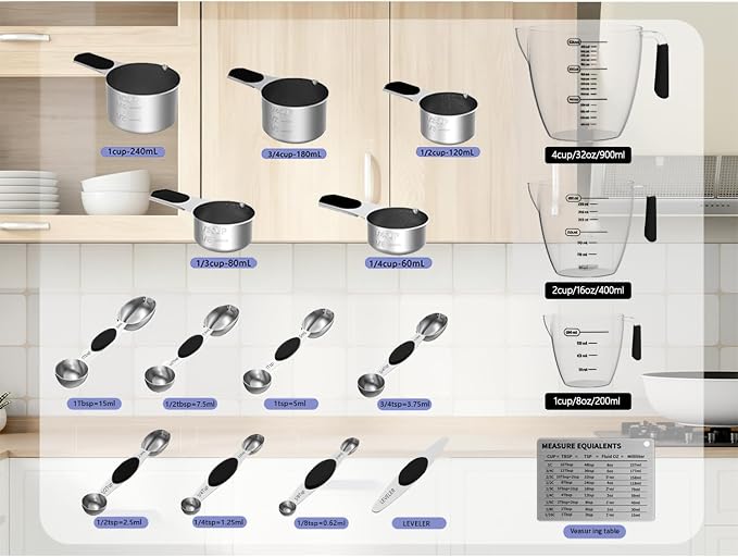 Magnetic Measuring Cups and Spoons Set,Stainless Steel 5 Dry & Liquid Measuring Cups Dry,7 Magnetic Measuring Spoons,3 Plastic Measuring Cup with 1 Measuring Conversion Chart for Cooking & Baking