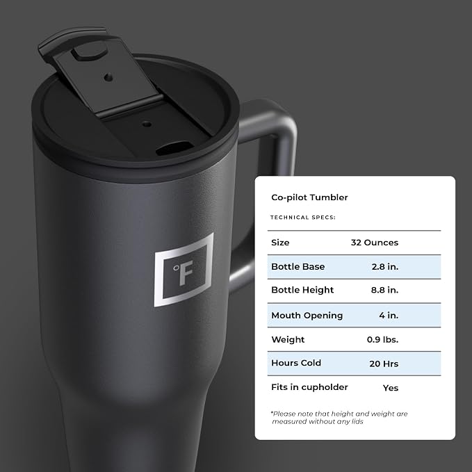 IRON °FLASK 32 oz Co-Pilot Insulated Travel Mug | Insulated Travel Mug with Straw & Flip Cap Lids - Cup Holder Fit, Leakproof, BPA Free (Midnight Black)