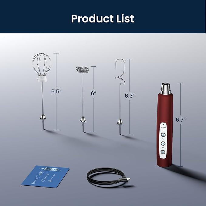 Milk Frother Wand Rechargeable Handheld Electric Whisk 3 Speed Adjustable | Coffee Frother Wand with 3 Stainless Whisks Electric Foam Maker Drink Mixer Blender for Latte Cappuccino Matcha Egg