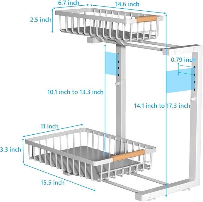 Merrylun Under Sink Organizers,5 Adjustable Height,Metal Pull Out Under Sink Organizers and Storage Shelves with Sliding Drawer, White 1pack(Hight 13.6″-16.9″)