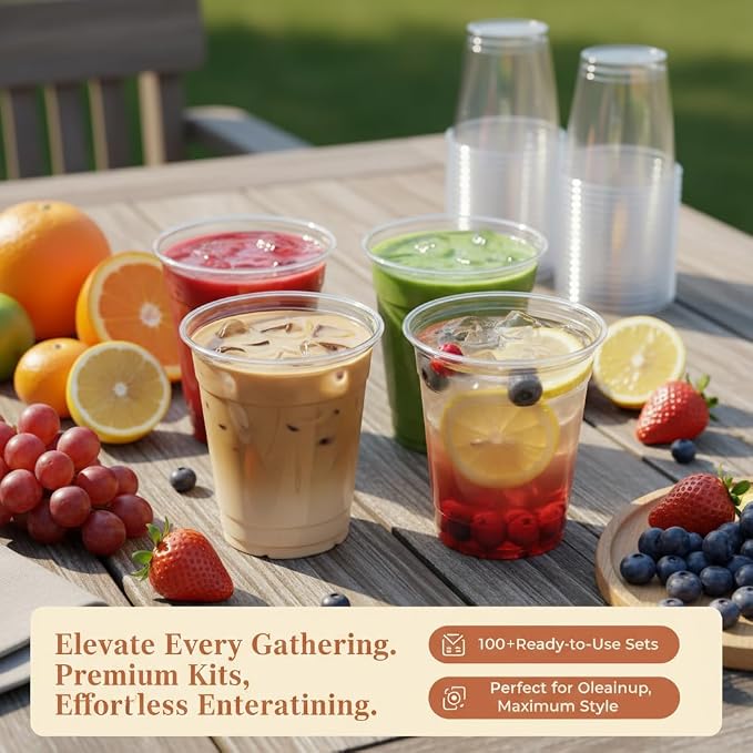 110 Pack 12 oz Disposable Clear Plastic Cups with Lids and Straws | To Go,BPA-Free,Heavy Duty,Leak-Resistant,for Iced Coffee,Cold Drink,Smoothie,Matcha,Juice,Dirty Soda,Party,Small Size,Bulk
