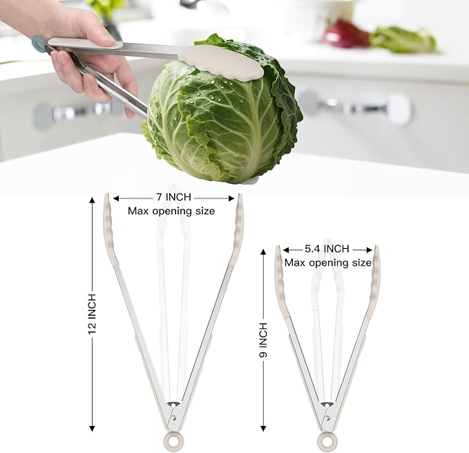 HOTEC Premium Stainless Steel Locking Kitchen Tongs with Silicon Tips, Set of 2-9" and 12",Khaki